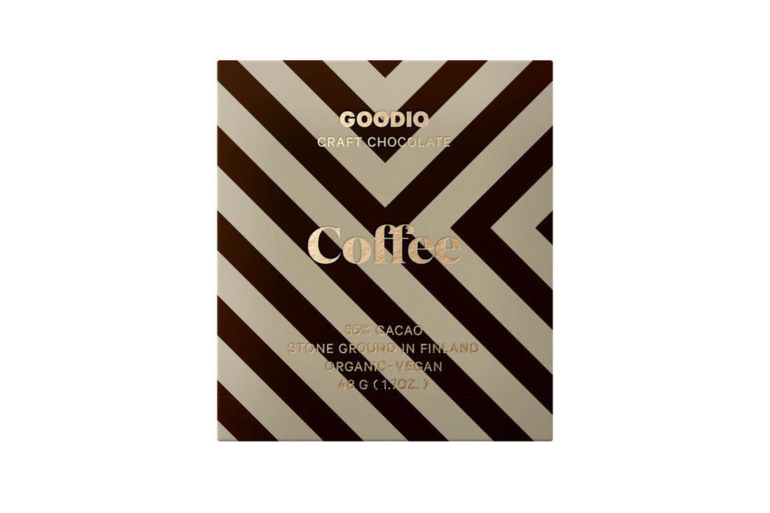 Goodio craft chocolate packaging with coffee text on a white background