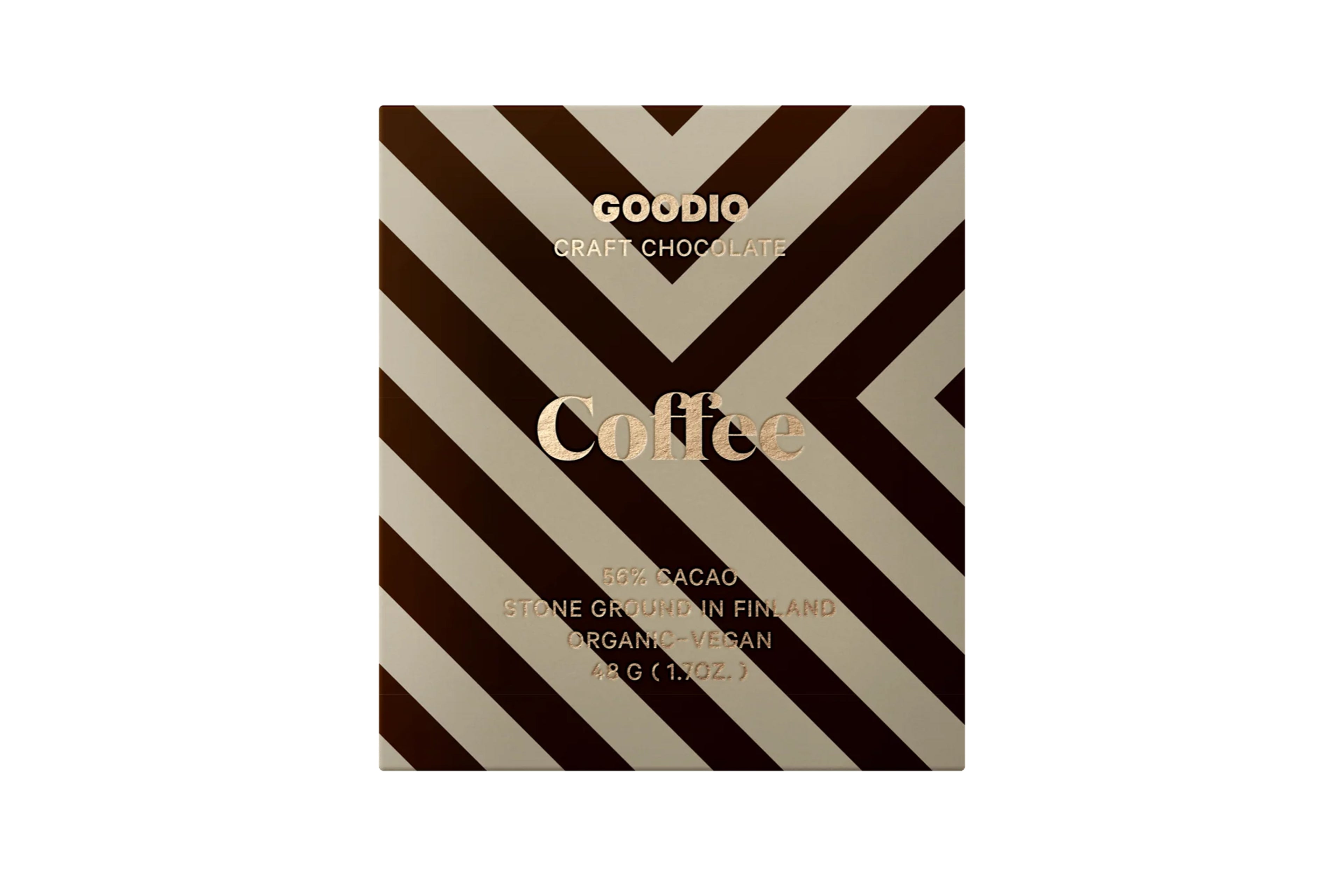 Goodio craft chocolate packaging with coffee text on a white background
