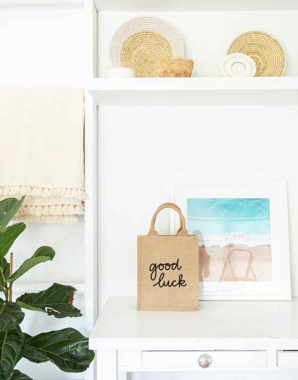 Medium Good Luck Reusable Gift Tote In Black Font On Desk | The Little Market