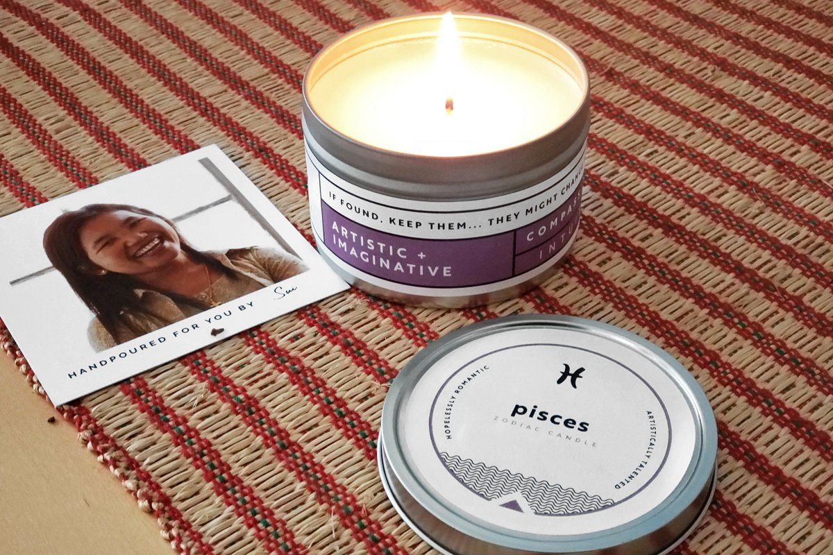 Zodiac Candle Pisces - Prosperity Candle handmade by women artisans fair trade soy blend candles