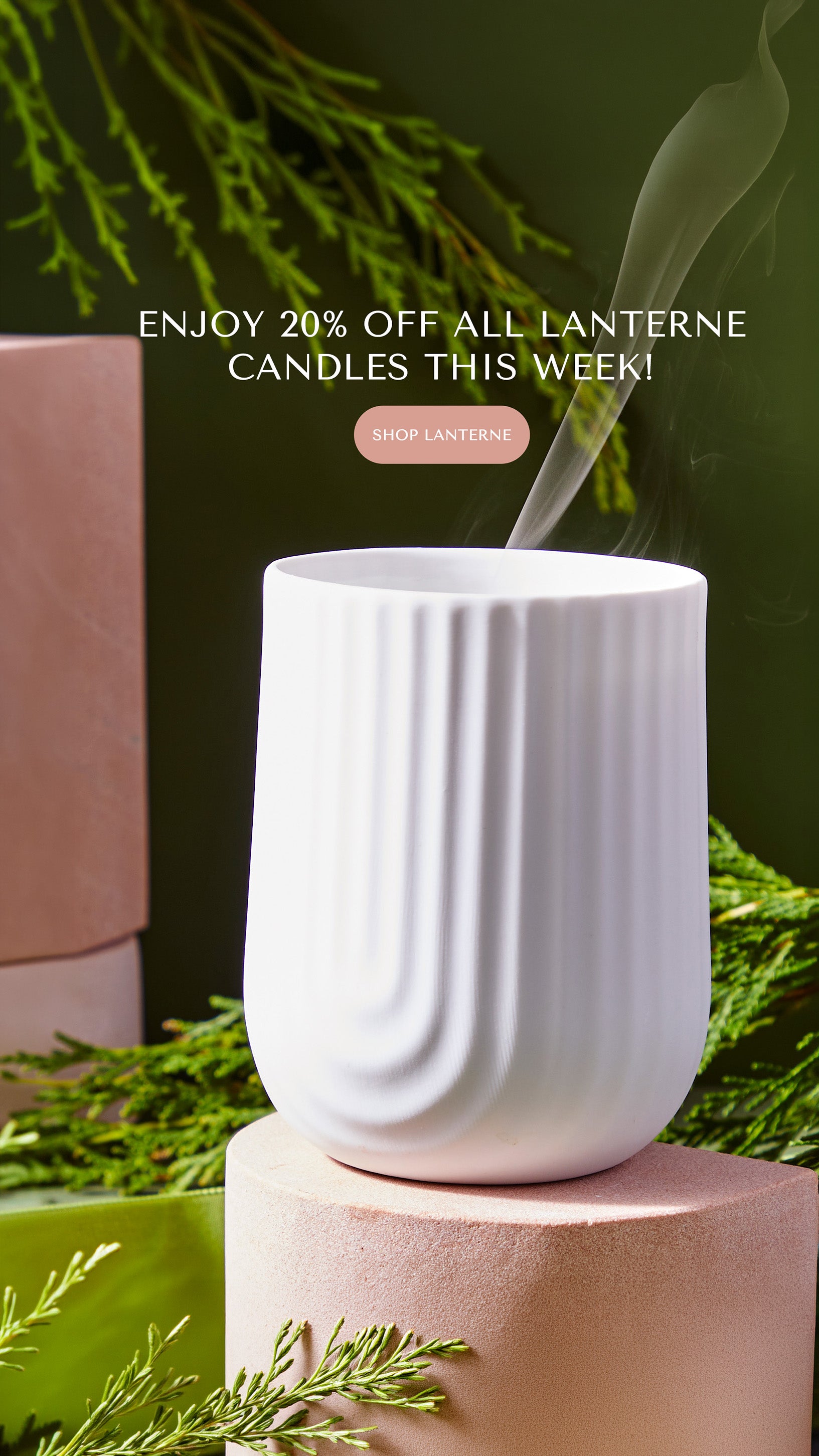 White ceramic lantern emitting smoke with greenery in the background and promotional text overlay.