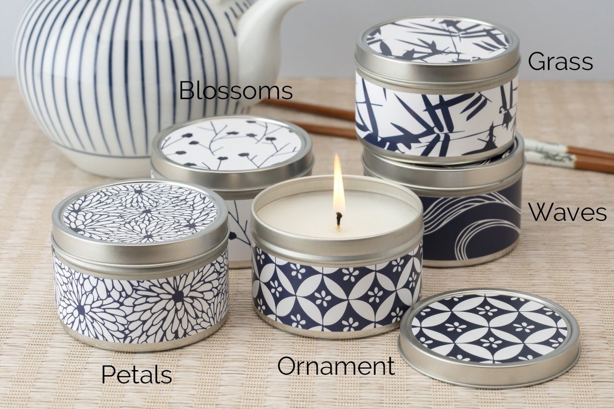 Blue and White Decorative Tin Candles - ethically made candles that give back poured by women artisans at Prosperity Candle