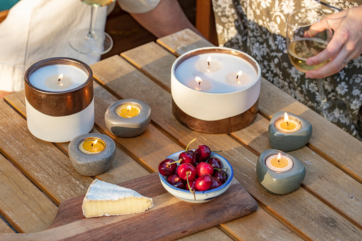 Dunes three wick candle and single wick coconut soy blend candles ethically made to support women artisans and refugees