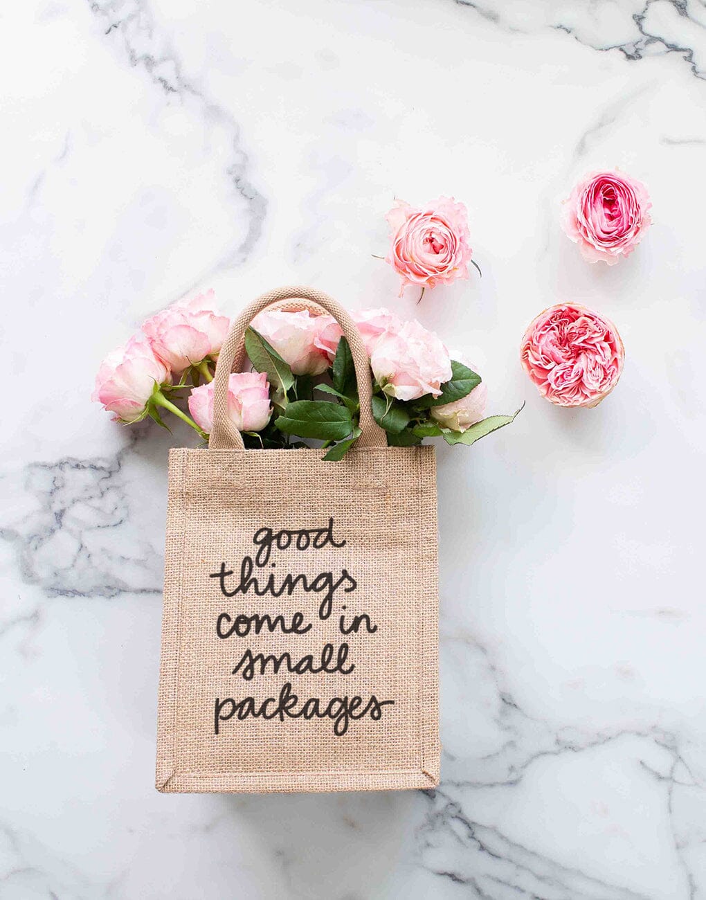Small Good Things Come In Small Packages Reusable Gift Tote In Black Font With Flowers Inside | The Little Market
