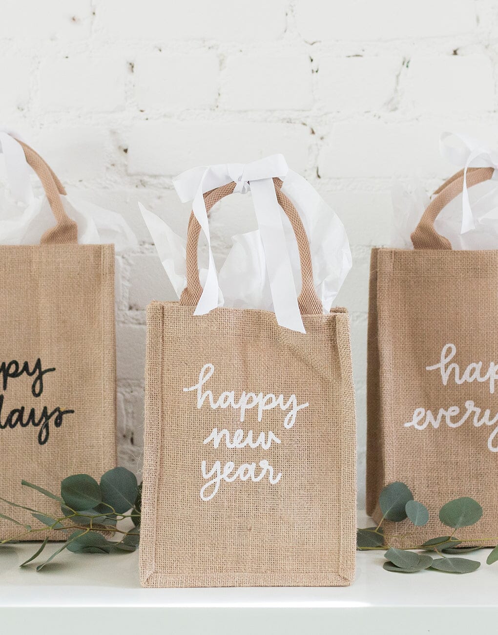 Small Happy New Year Reusable Gift Totes In Black And White Font | The Little Market