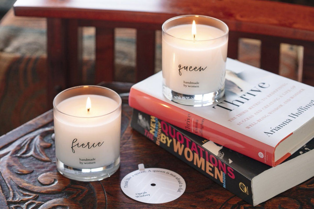 She Inspires Candle - Feminist gifts that give back. Handmade soy blend candle with strong women quotes.