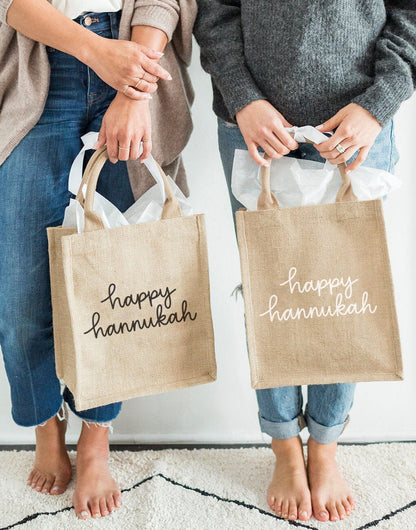 Medium Happy Hannukah Reusable Gift Totes In Black And White Font | The Little Market