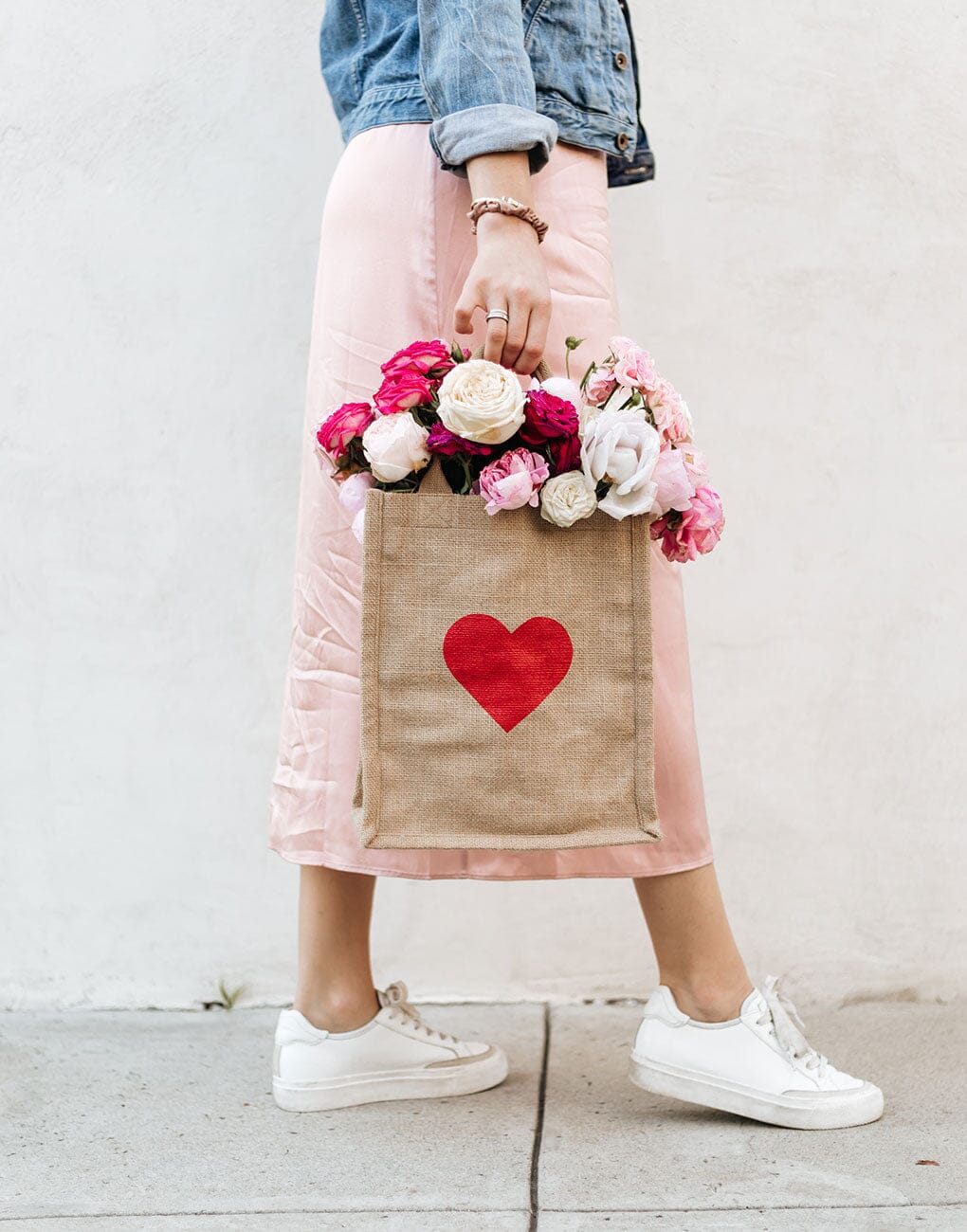 Red Heart Medium Gift Tote Bag with Flowers inside | The Little Market